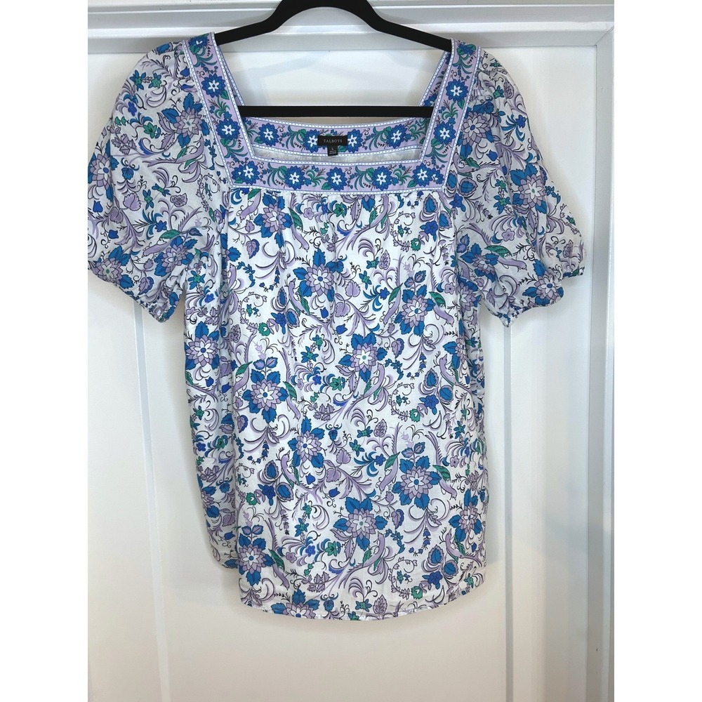 Talbots‎ Womens Blue Purple Floral SongBird Square Neck Puff Sleeve Blouse Large